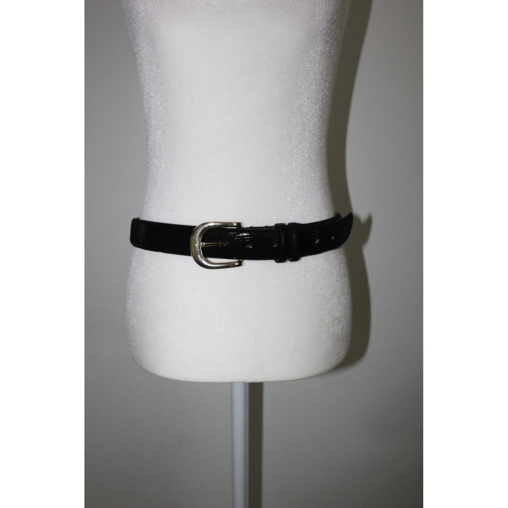 Ann Taylor Black Lizard Embossed Genuine Leather Belt Gold Buckle Size M 300359